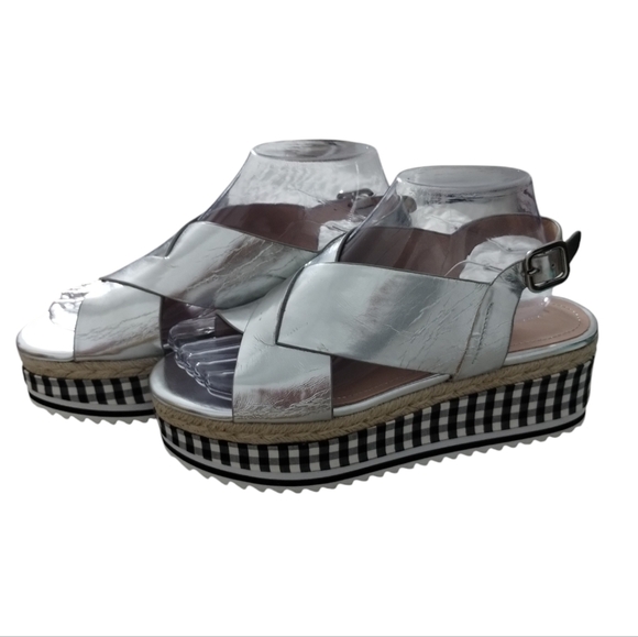 ZARA Women's Size 7 Gingham Silver Crossover Wedge Chunky Platform Sandal Preppy - Picture 7 of 7